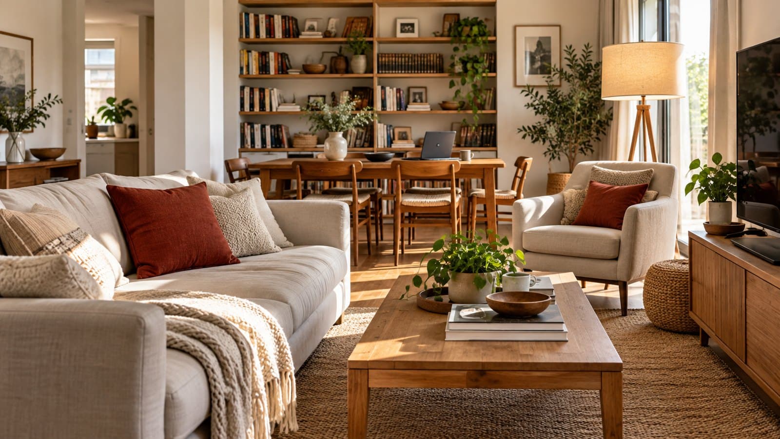 Furniture and personal belongings in a sunlit home living room